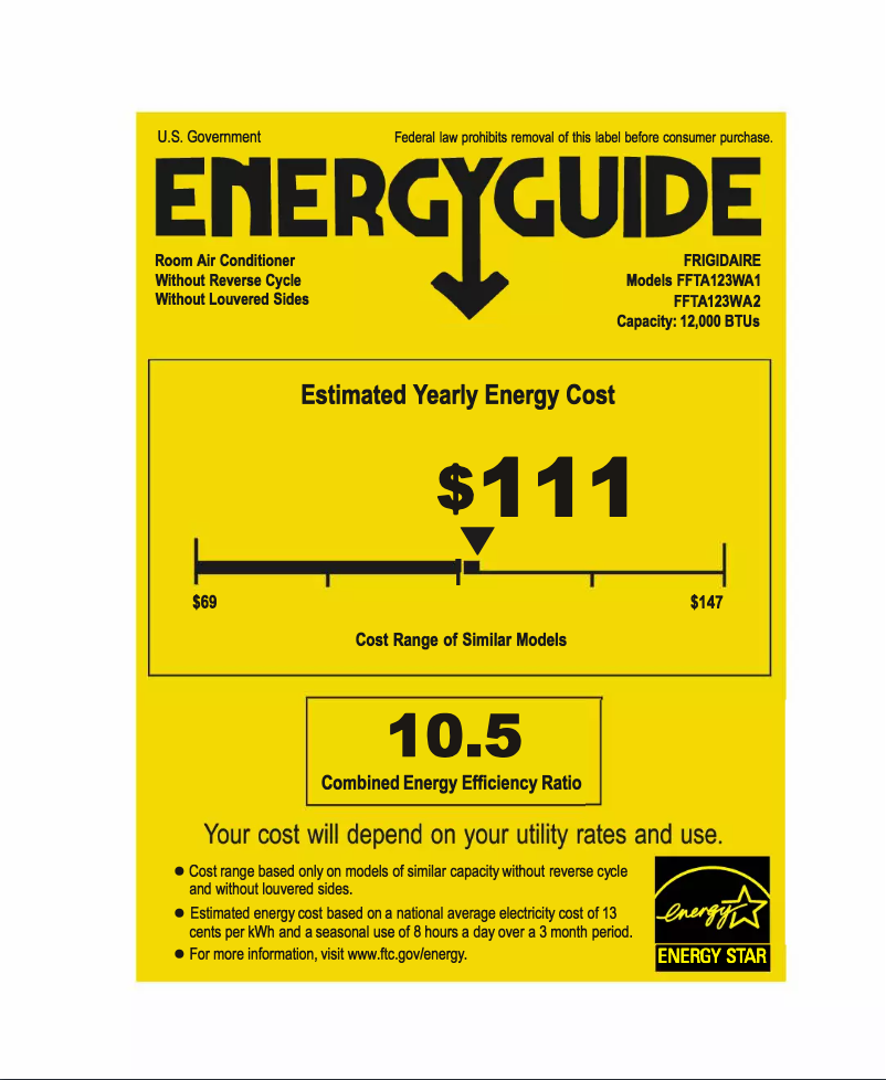 Página 1 del manual Etiqueta energética Frigidaire FFTA123WA2