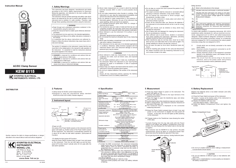 Page n°1 - Manuel utilisateur Kyoritsu KEW 8115