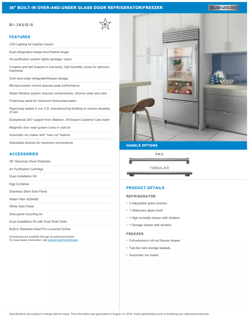 Page 1 de la notice Fiche technique Sub-Zero BI-36UG/S/PH-RH