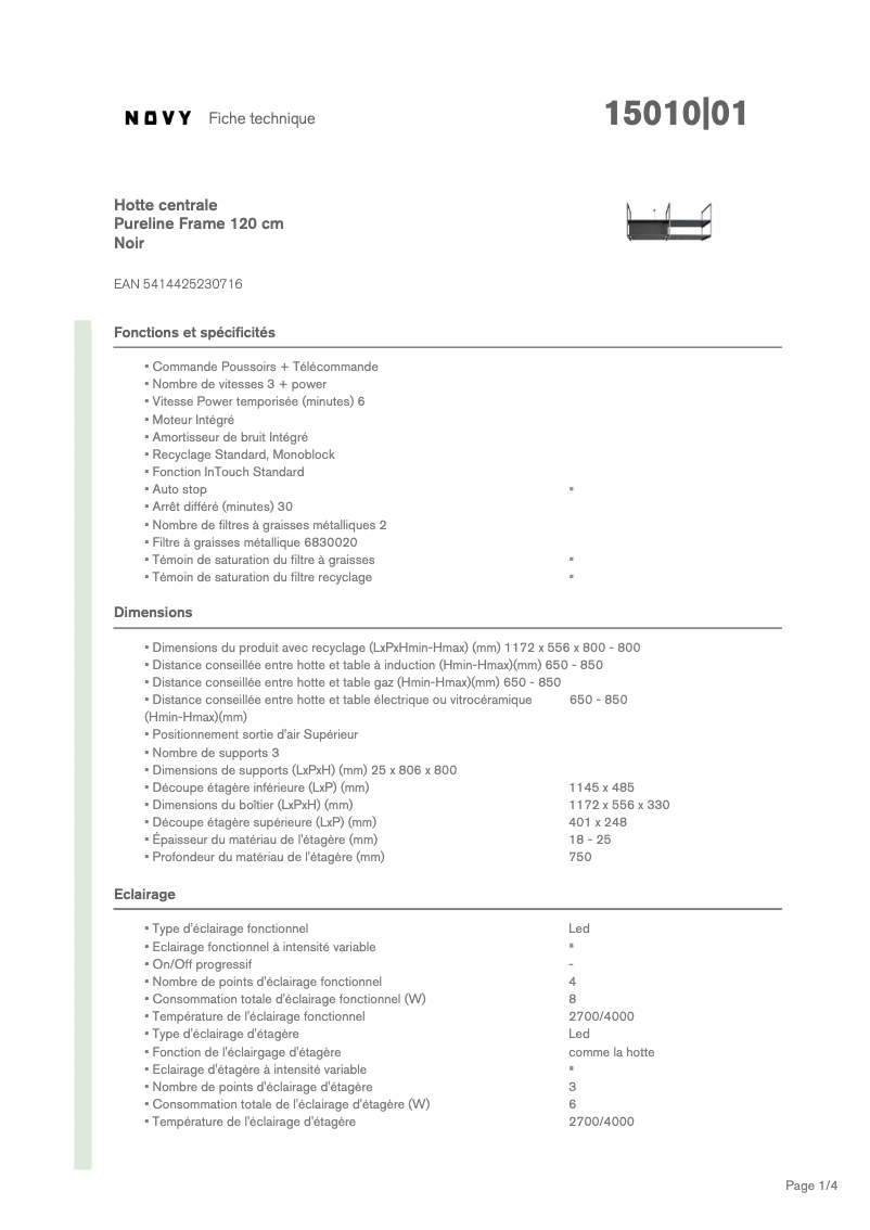 Page 1 de la notice Fiche technique Novy Pureline Frame 15010