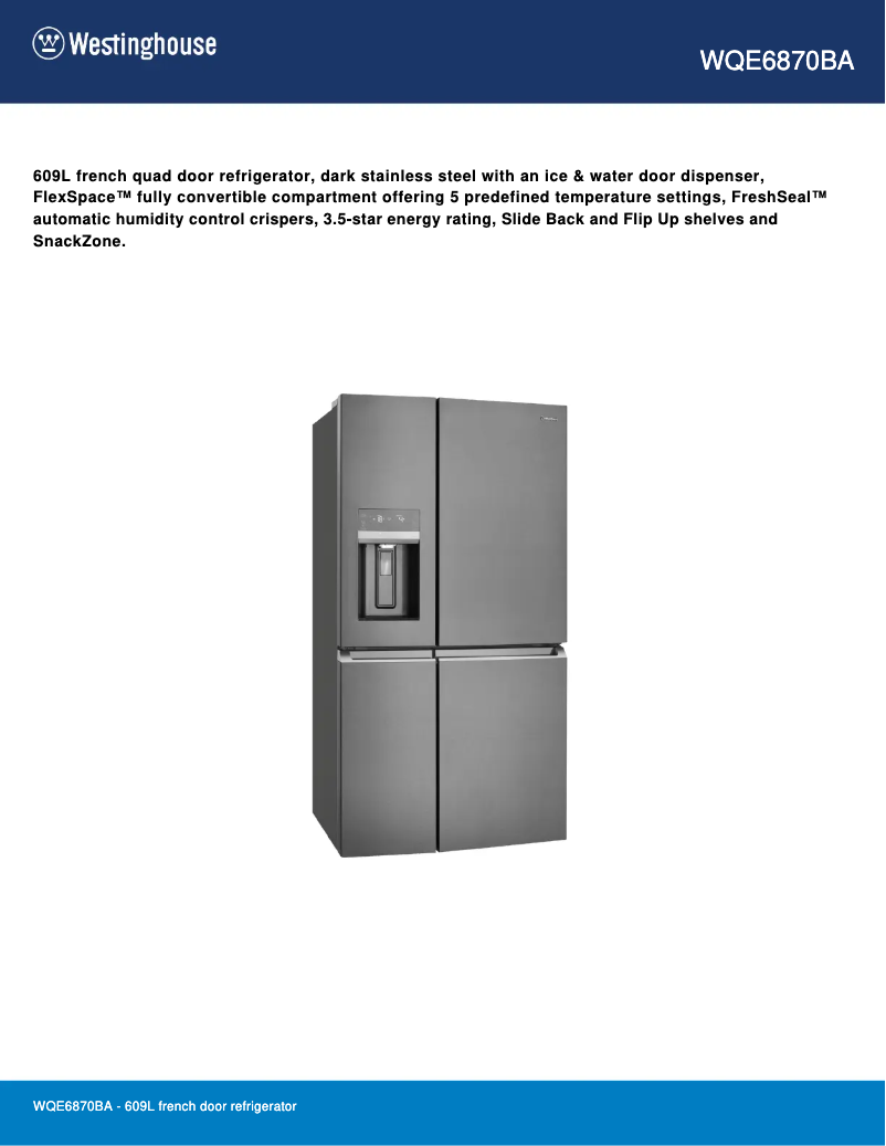 Page 1 of the manual Technical Sheet Westinghouse WQE6870BA