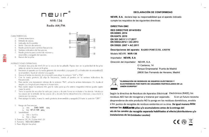 Page 1 de la notice Manuel utilisateur Nevir NVR-136
