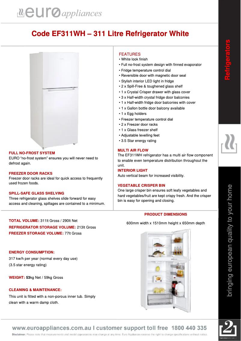 Page 1 de la notice Manuel utilisateur Euro Appliances EF311WH