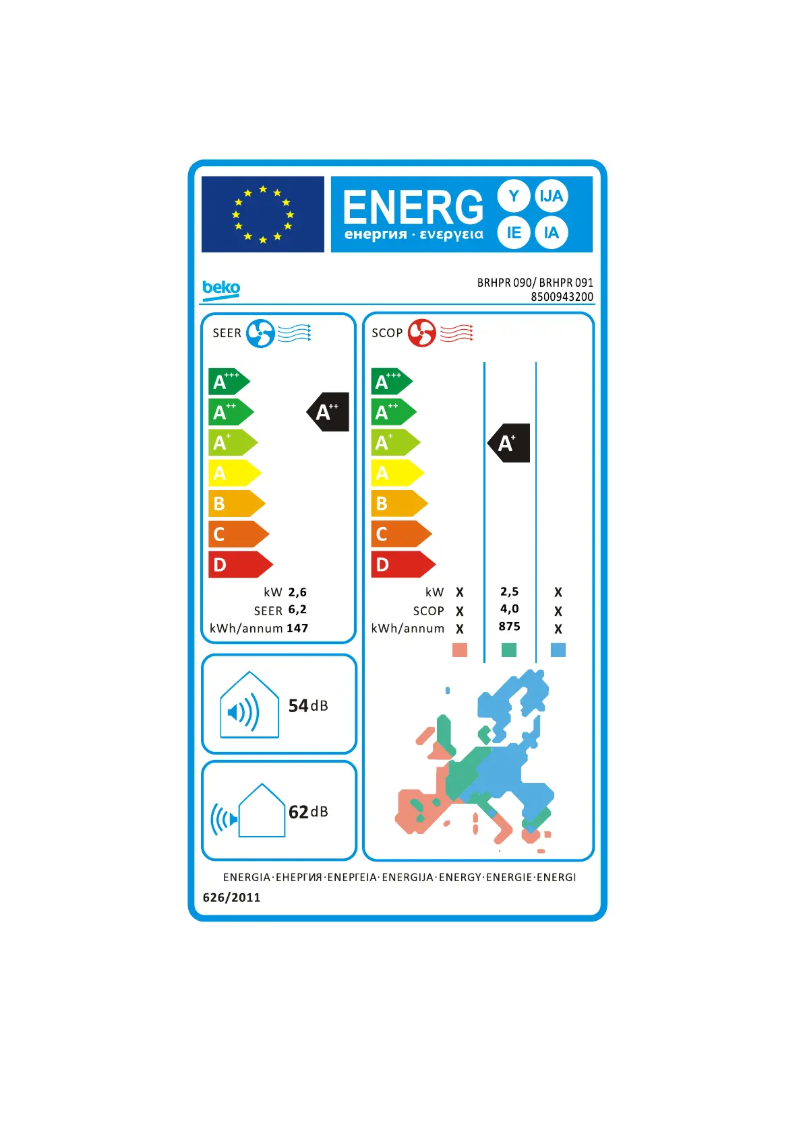 Page 1 de la notice Label énergétique Beko BRHPR 090