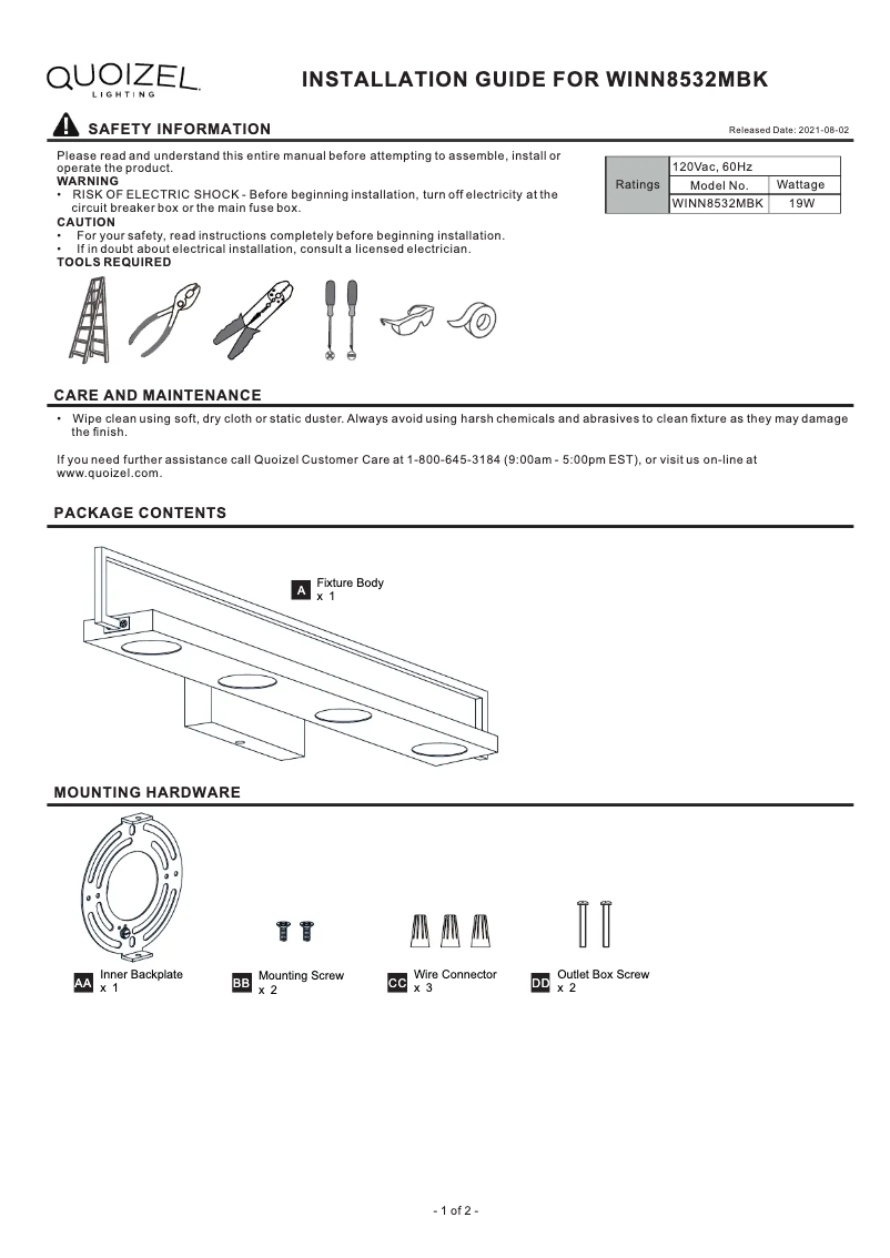 Page 1 de la notice Manuel utilisateur Quoizel Winnett WINN8532MBK