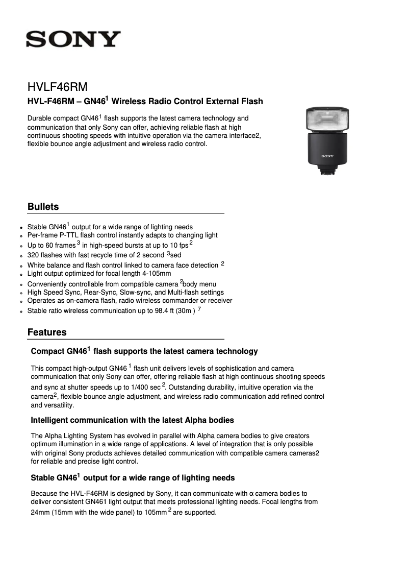 Page 1 de la notice Fiche technique Sony HVL-F46RM