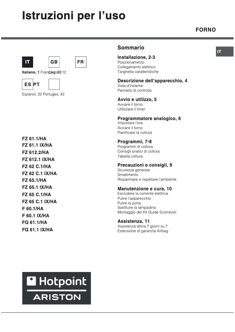 Page 1 de la notice Manuel utilisateur Hotpoint Ariston FD 61.1 (SL)/HA