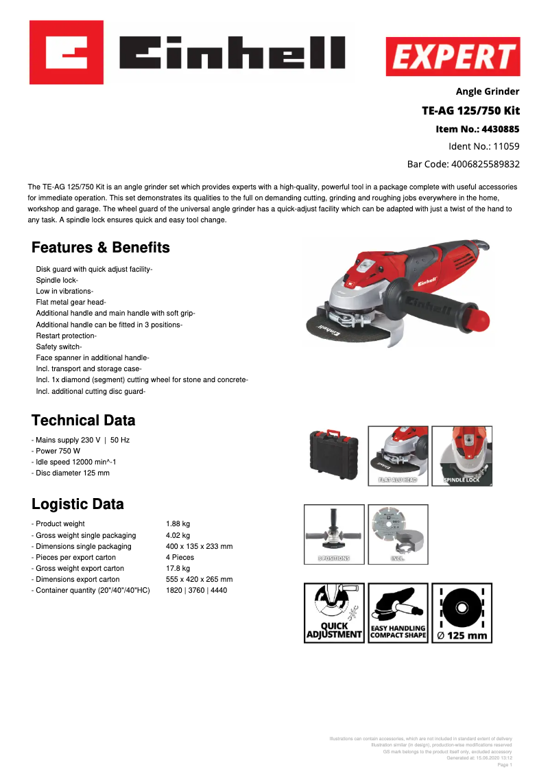 Page 1 de la notice Fiche technique Einhell TE-AG 125/750 Kit
