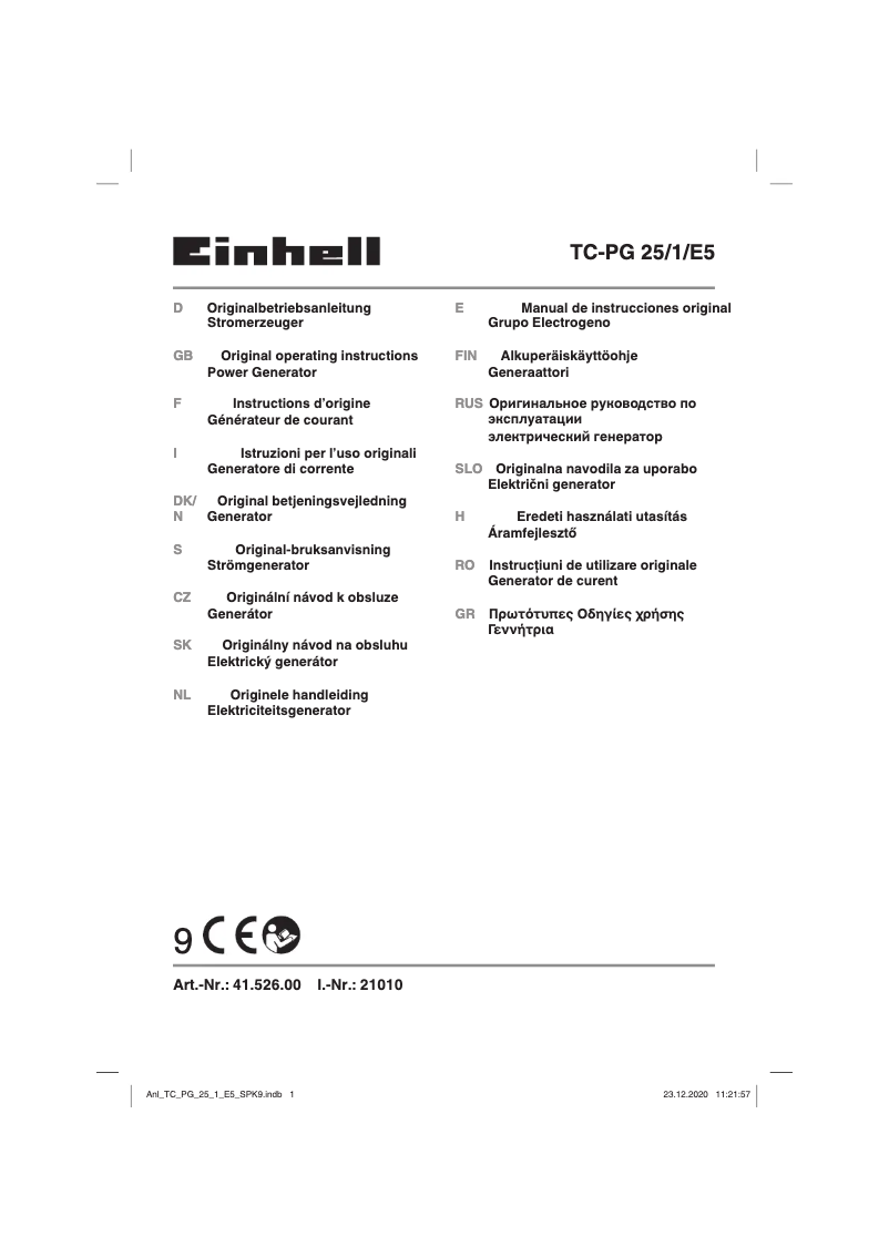 Page 1 de la notice Manuel utilisateur Einhell TC-PG 25/1/E5