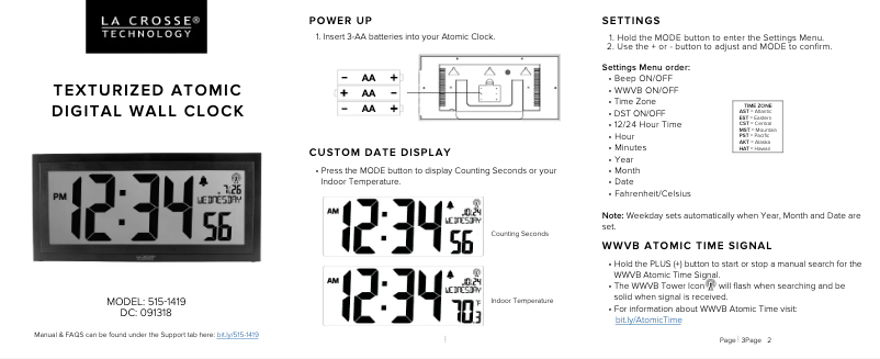Page n°1 - Guide de démarrage rapide La Crosse Technology 515-1419