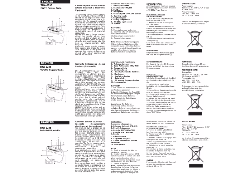 Page n°1 - Manuel utilisateur Roadstar TRA-2295