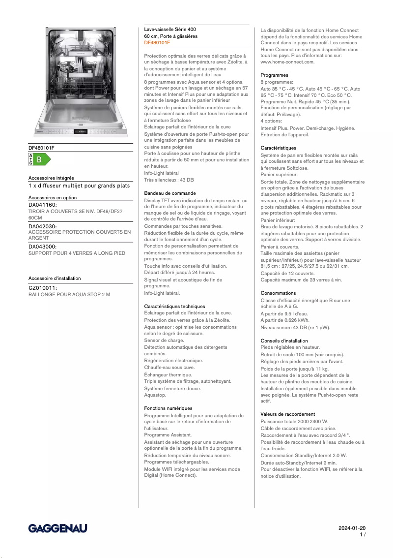 Page n°1 - Fiche technique Gaggenau DF480101F