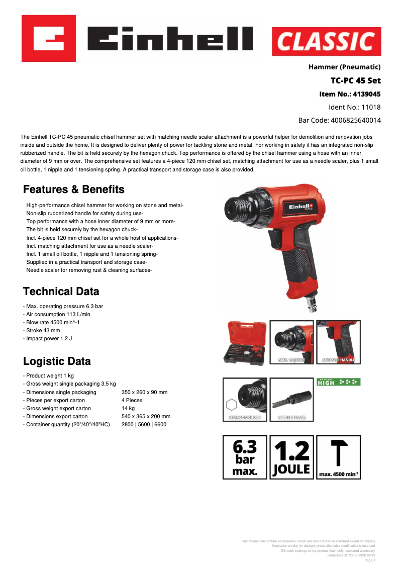 Página 1 del manual Ficha técnica Einhell TC-PC 45 Set