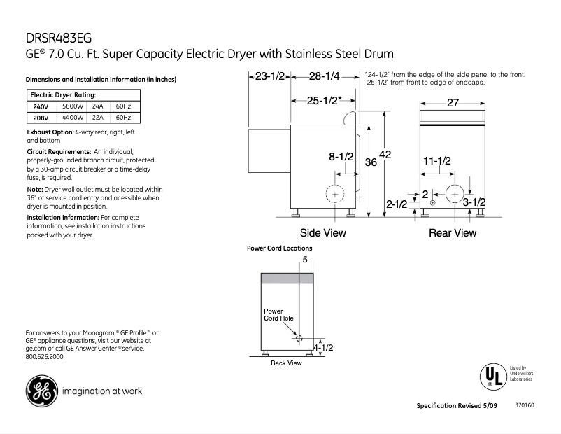 Page n°1 - Fiche technique GE DRSR483EGCC