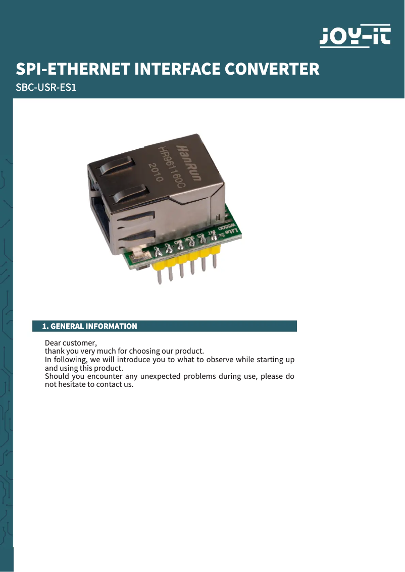 Page 1 of the manual User Manual Joy-It SBC-USR-ES1