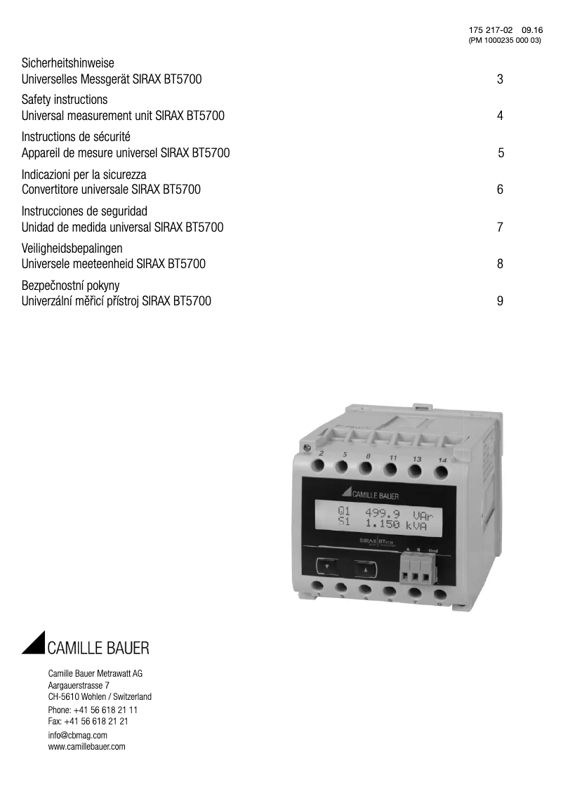 Page 1 de la notice Instructions de sécurité Camille Bauer SIRAX BT5700