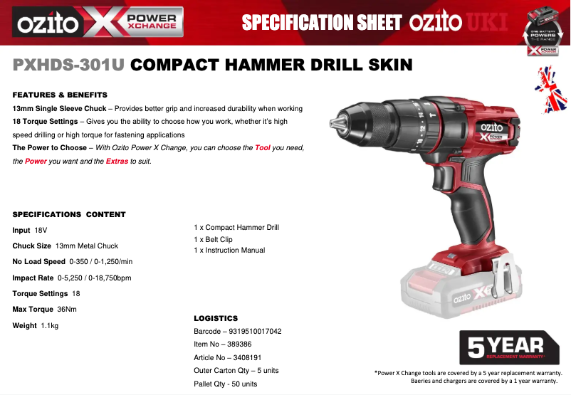 Page 1 de la notice Fiche technique Ozito PXHDS-301U