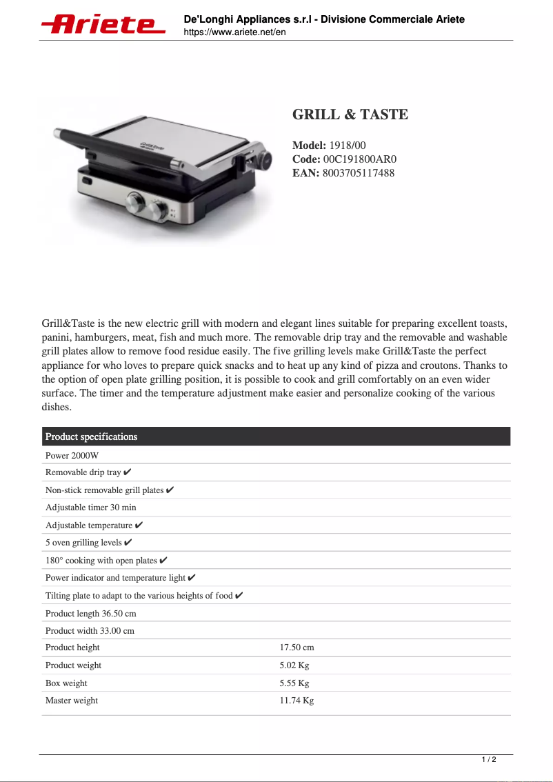 Page 1 de la notice Fiche technique Ariete Grill & Taste 1918
