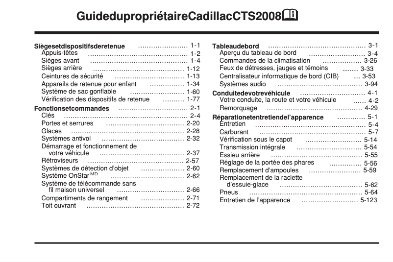 Page 1 de la notice Manuel utilisateur Cadillac CTS (2008)