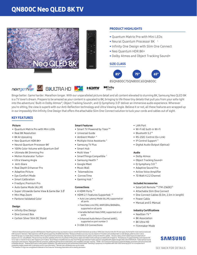 Page 1 de la notice Fiche technique Samsung QN75QN800CF