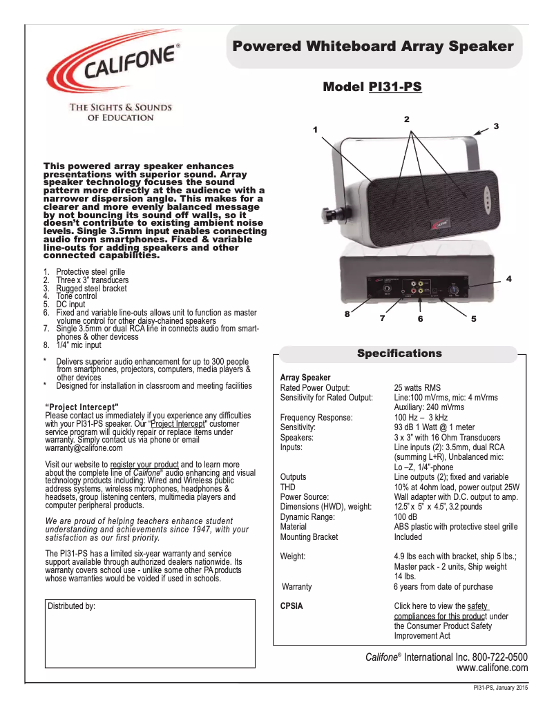 Page 1 de la notice Manuel utilisateur Califone PI31-PS