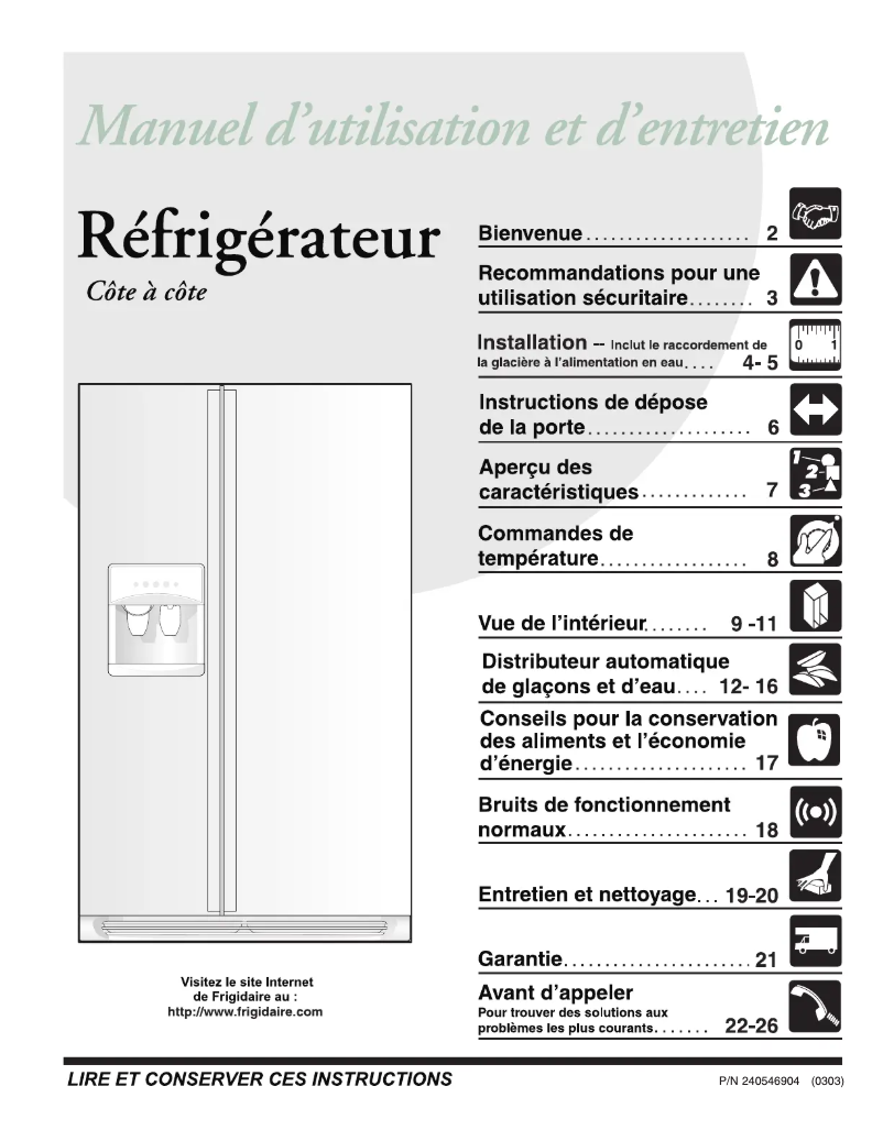 Page 1 de la notice Manuel utilisateur Frigidaire FRS23H7CW