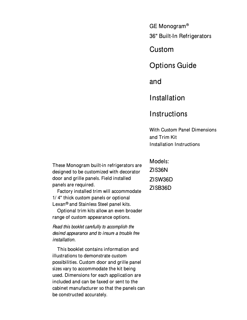 Página 1 del manual Guía de instalación GE ZISW36DC