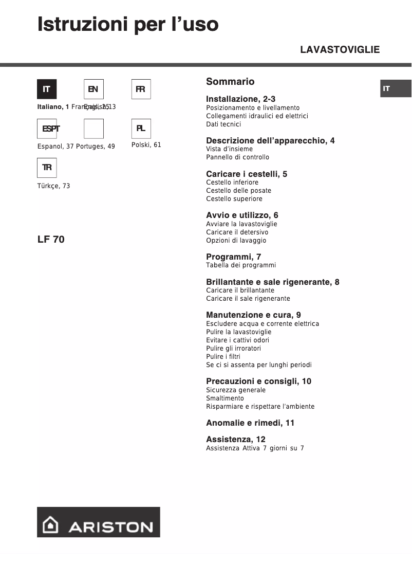 Page 1 de la notice Manuel utilisateur Hotpoint Ariston LF 70 X