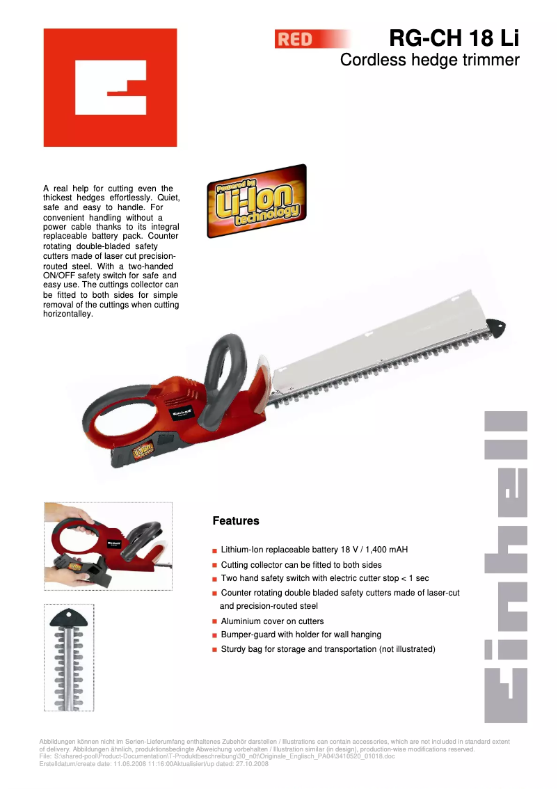 Page n°1 - Fiche technique Einhell RG-CH 18 Li