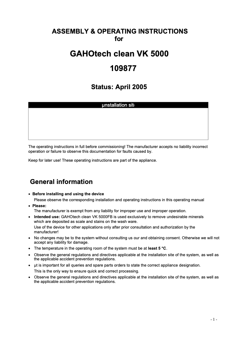 Page n°1 - Manuel utilisateur Bartscher VK 5000 FB