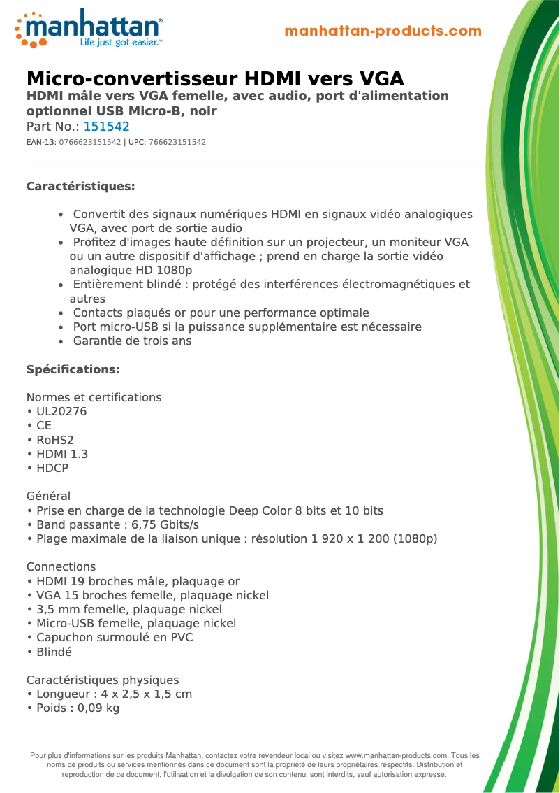 Page 1 de la notice Fiche technique Manhattan HDMI to VGA Micro Converter 151542