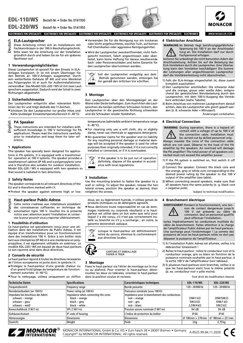Page 1 de la notice Manuel utilisateur Monacor EDL-220/WS