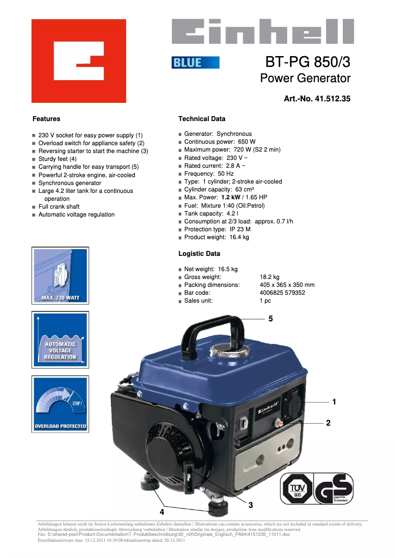 Page 1 de la notice Fiche technique Einhell BT-PG 850/3