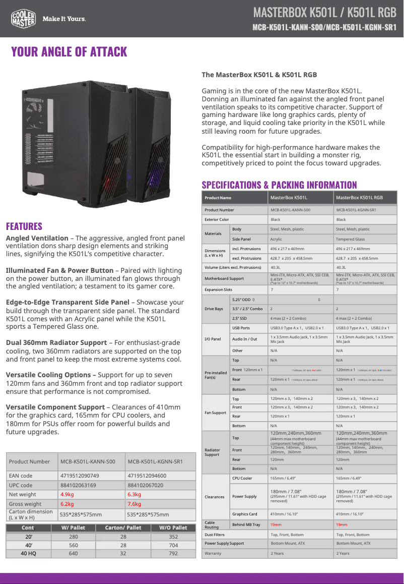 Page 1 de la notice Manuel utilisateur Cooler Master MasterBox K501L