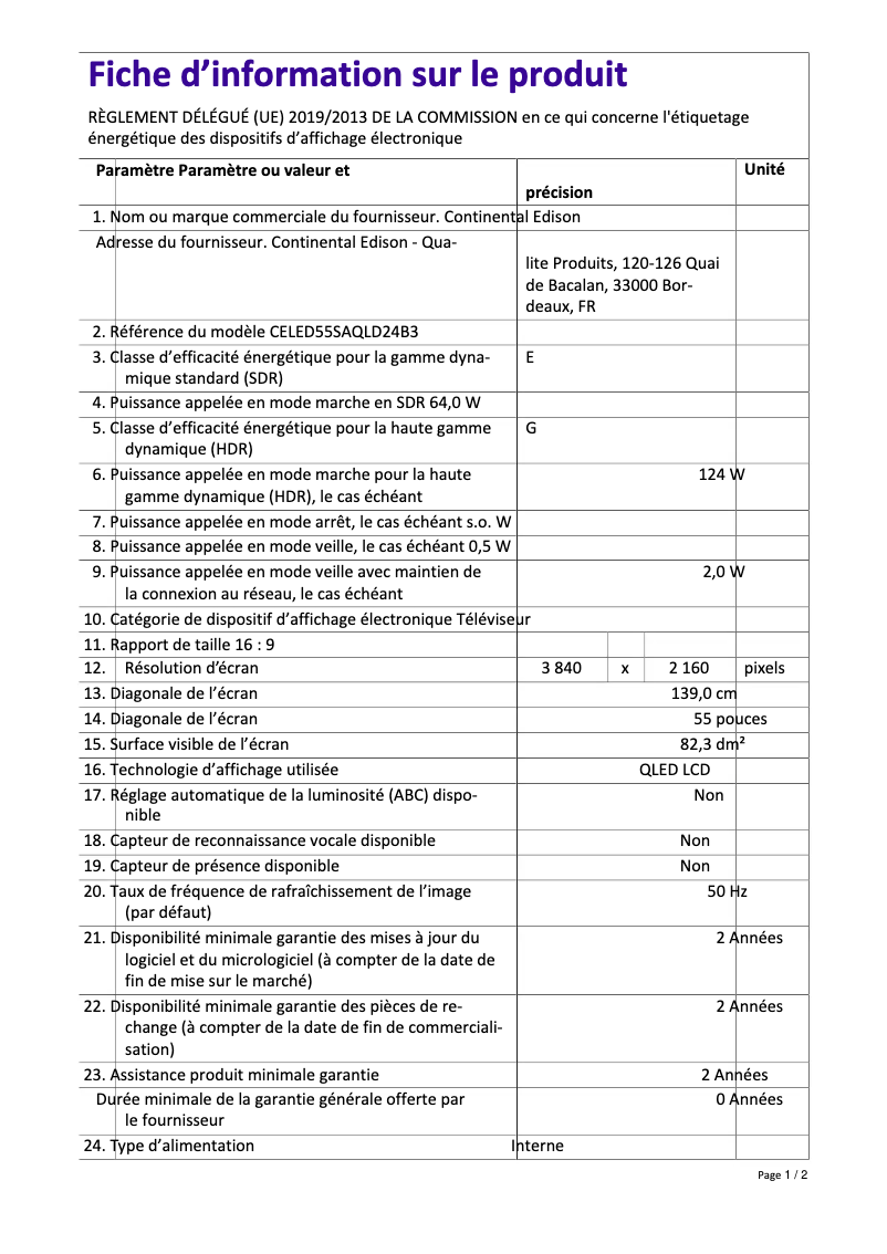 Page 1 de la notice Label énergétique Continental Edison CELED55SAQLD24B3