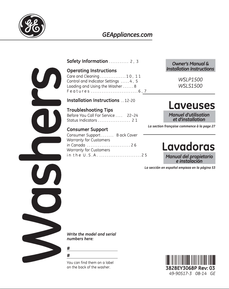 Page 1 of the manual Instruction Manual GE WSLS1500HWW