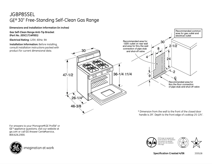 Page 1 de la notice Fiche technique GE JGBP85SELSS