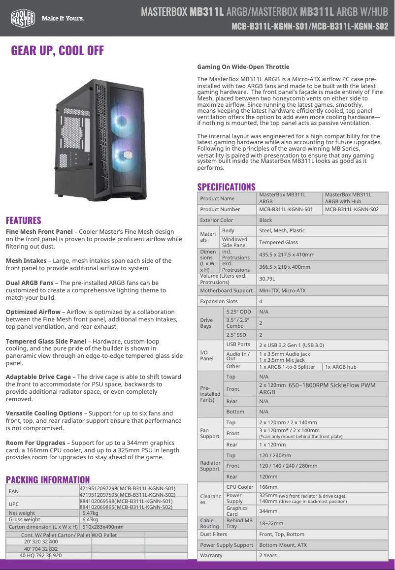 Page n°1 - Fiche technique Cooler Master MasterBox MB311L ARGB