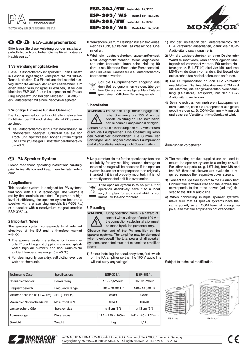Page n°1 - Manuel utilisateur Monacor ESP-305/WS