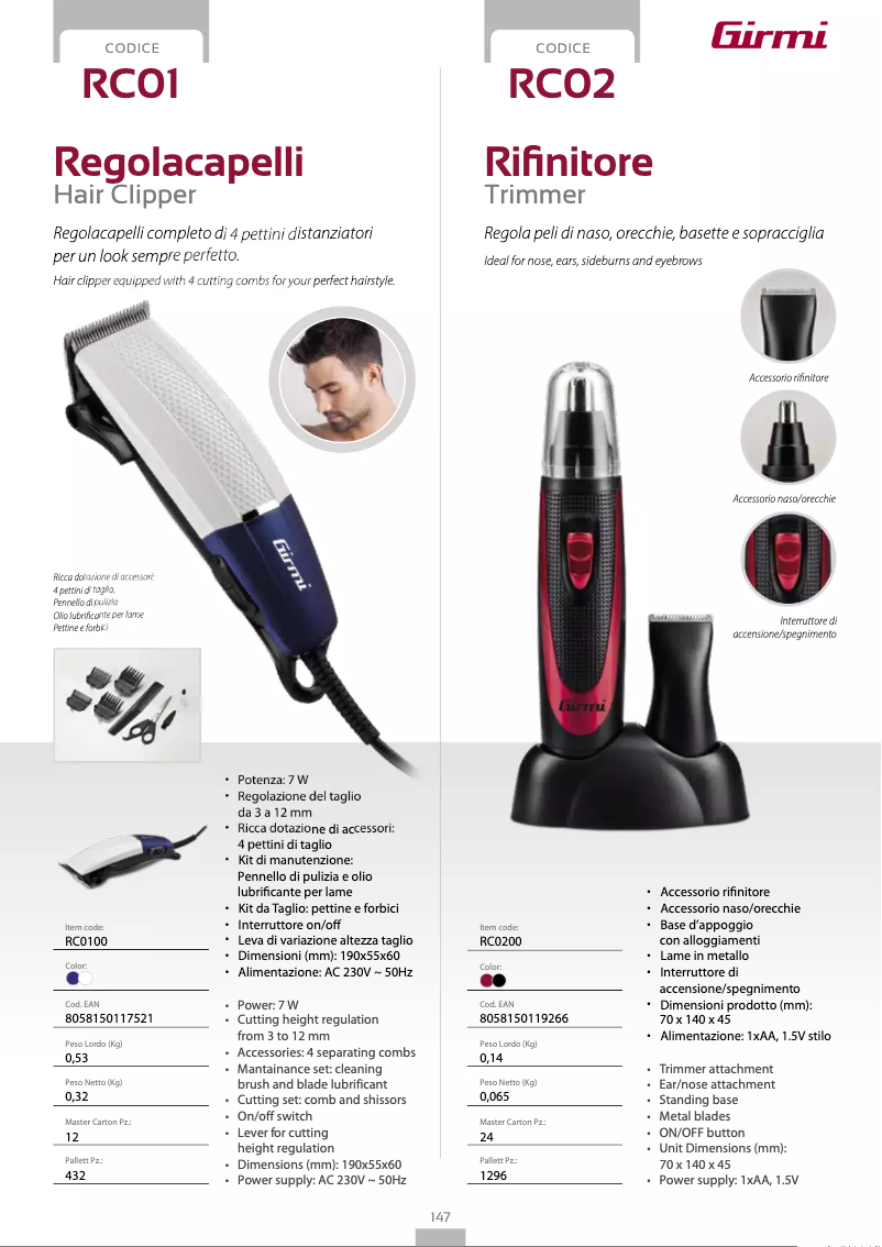 Page 1 de la notice Fiche technique Girmi RC01