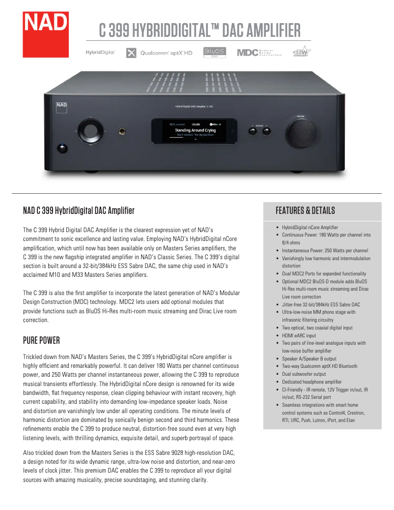 Page 1 de la notice Fiche technique NAD C 399