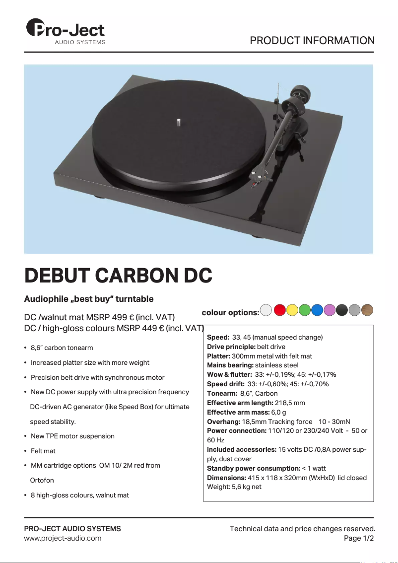 Página 1 del manual Ficha técnica Pro-Ject Debut Carbon (DC)