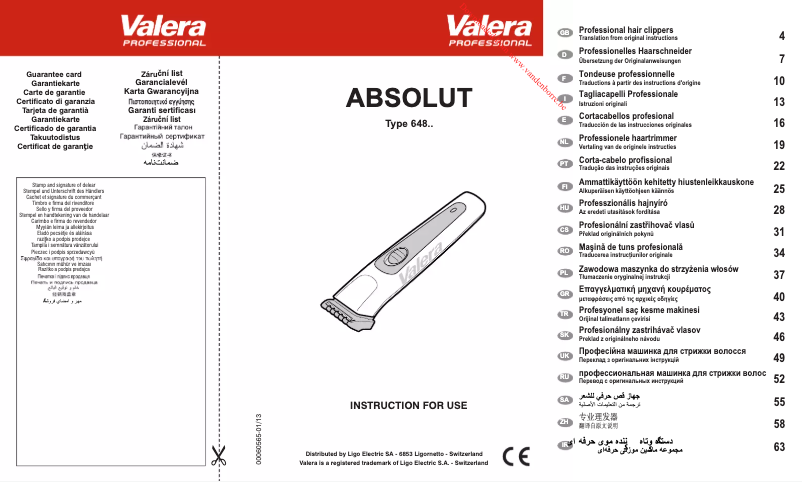 Page n°1 - Manuel utilisateur Valera Absolut 648.01