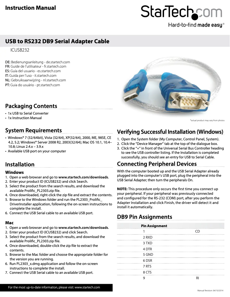 Page 1 de la notice Manuel utilisateur StarTech.com ICUSB232
