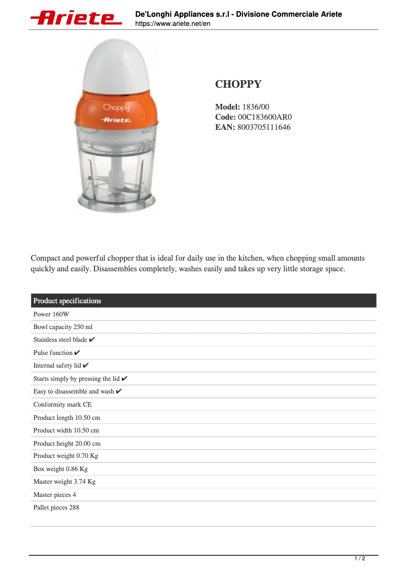 Page 1 de la notice Fiche technique Ariete Choppy 1836