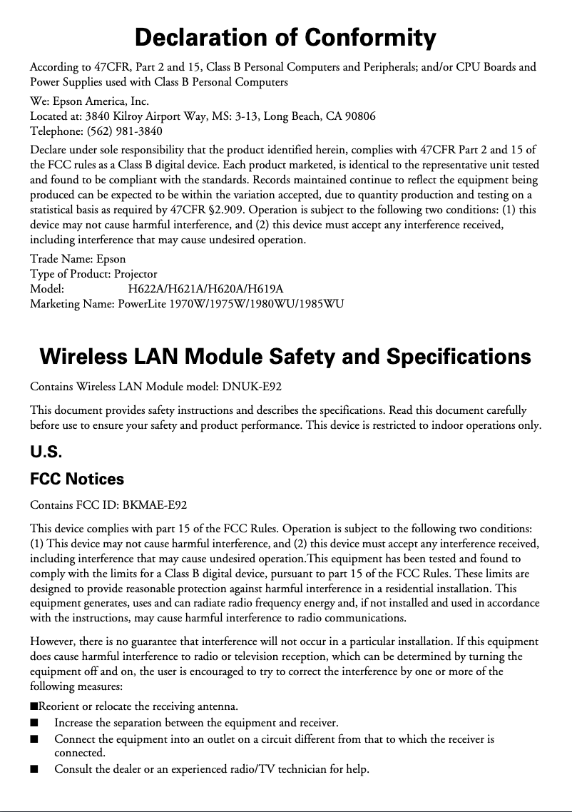 Página 1 del manual Información de garantía Epson PowerLite 1985WU