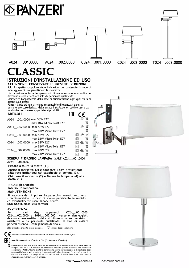 Page n°1 - Manuel utilisateur Panzeri Classic