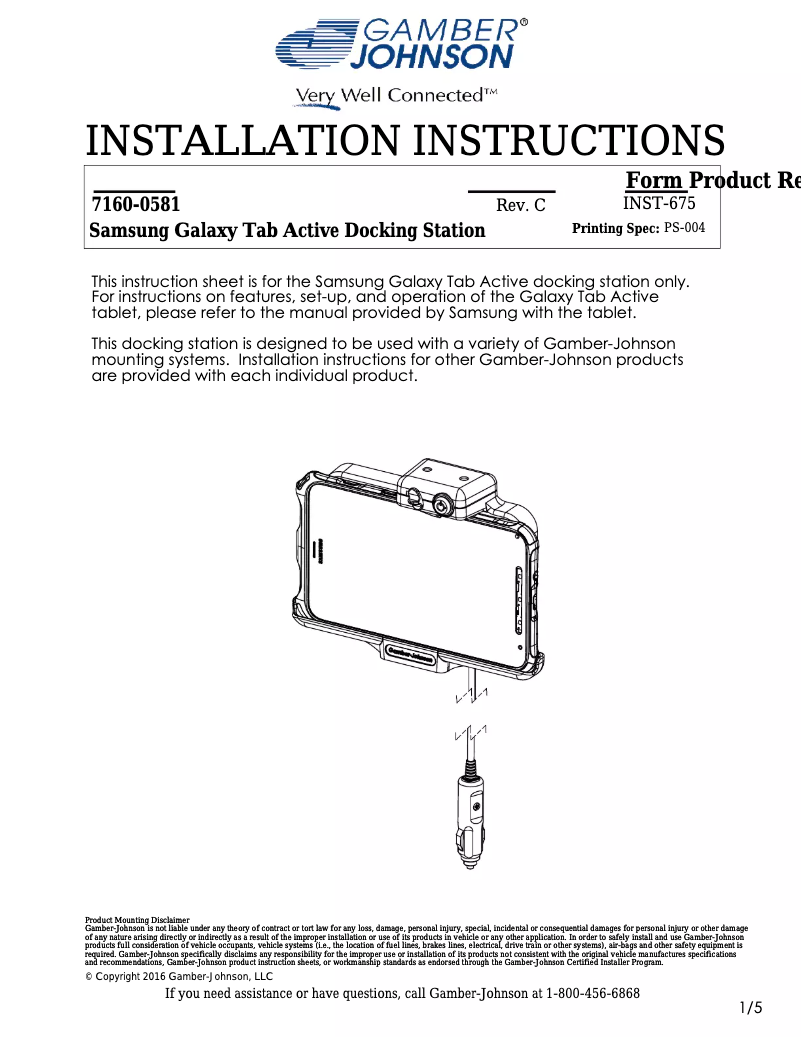 Page 1 de la notice Manuel utilisateur Gamber-Johnson 7160-0581