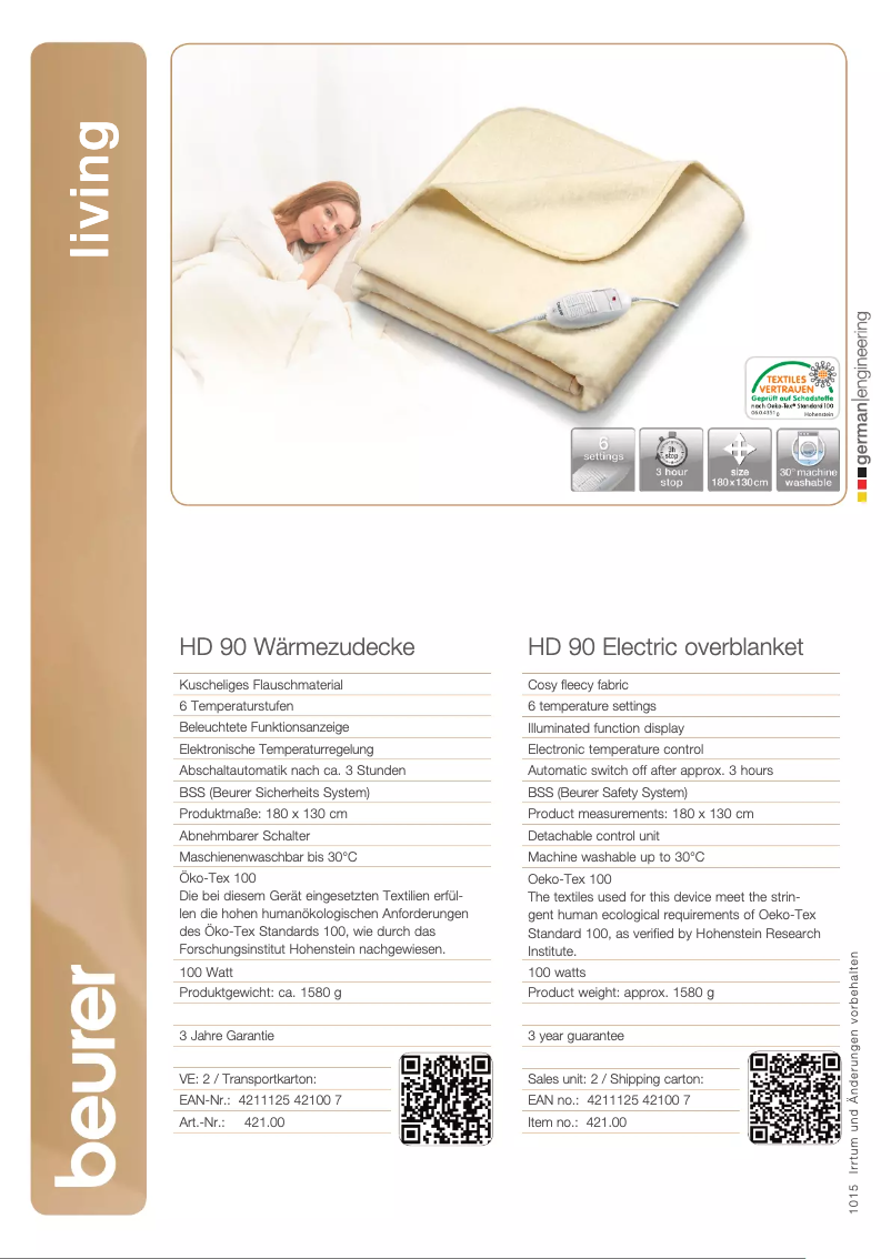 Page 1 de la notice Fiche technique Beurer HD 90