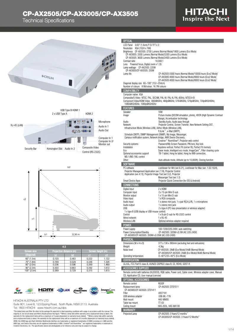 Page 1 de la notice Fiche technique Hitachi CP-AX3505